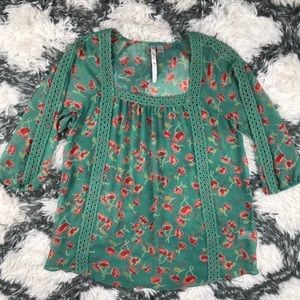 Lauren Conrad sheer Green Boho floral flowy Top